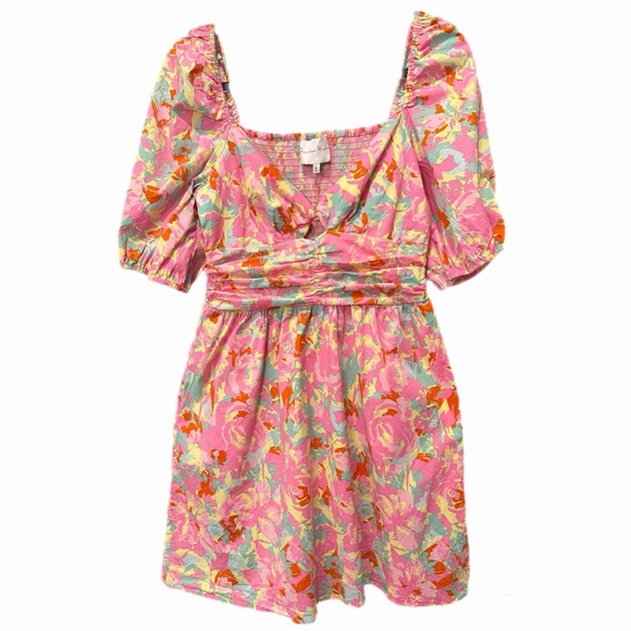 Charles Henry Pink Floral Sweetheart Cutout Dress | Smocked Back | L | Like New - Picture 3 of 9